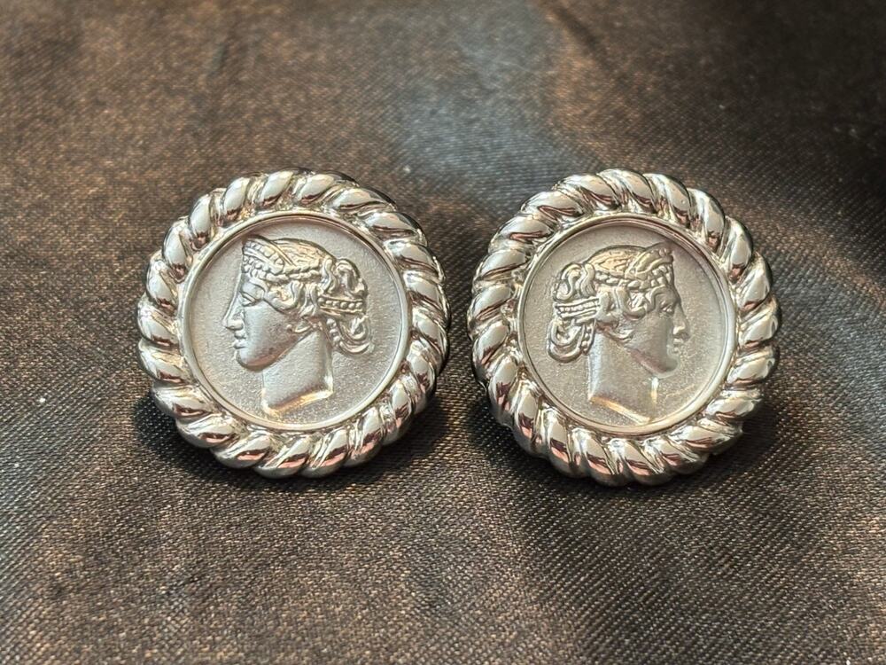 Monet Silver Tone Roman Coin Medallion Earrings Rope Border Vintage